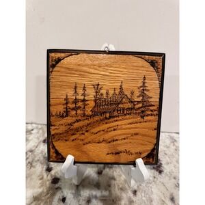 Rustic Wood Burned Cabin Scene Wall Art Plaque 1995 homemade X1.1